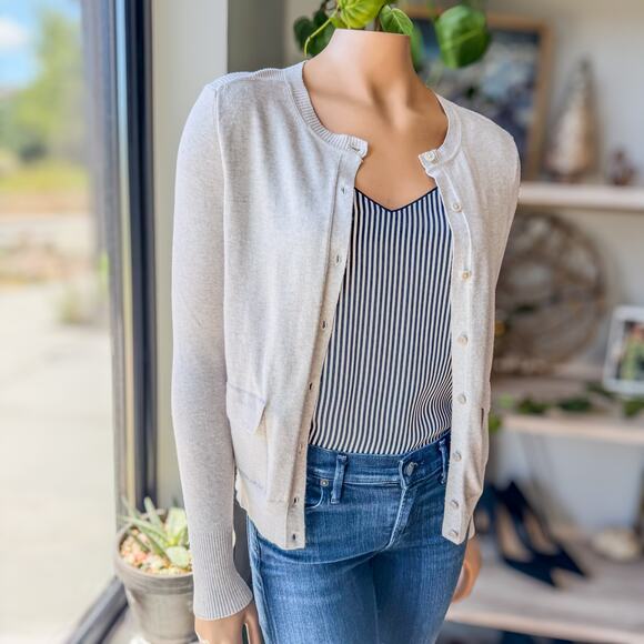 Banana Republic Womens Small Ultra Soft Ribbed Pocket Crew Neck Cardigan-Oatmeal - Picture 3 of 8